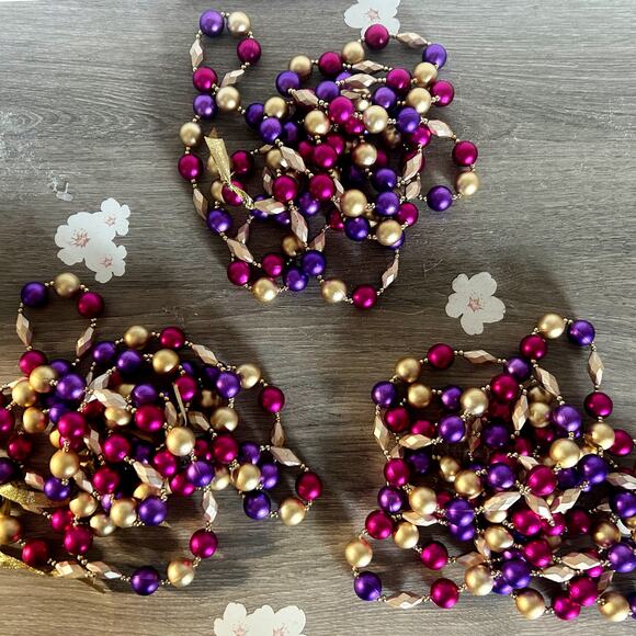 Vintage 9’ Satin Gold, Purple, Pink Beaded Christmas Tree Garland Set of 3 EUC - Picture 1 of 5
